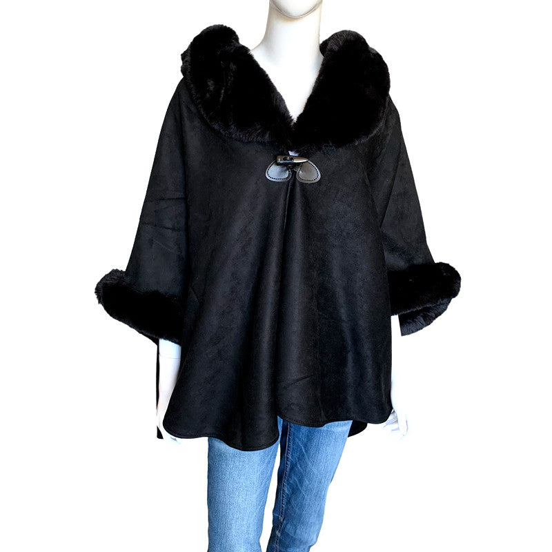 Suede Look Poncho with Faux Fur Collar and Cuffs
