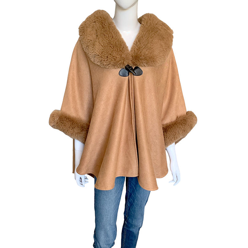 Suede Look Poncho with Faux Fur Collar and Cuffs