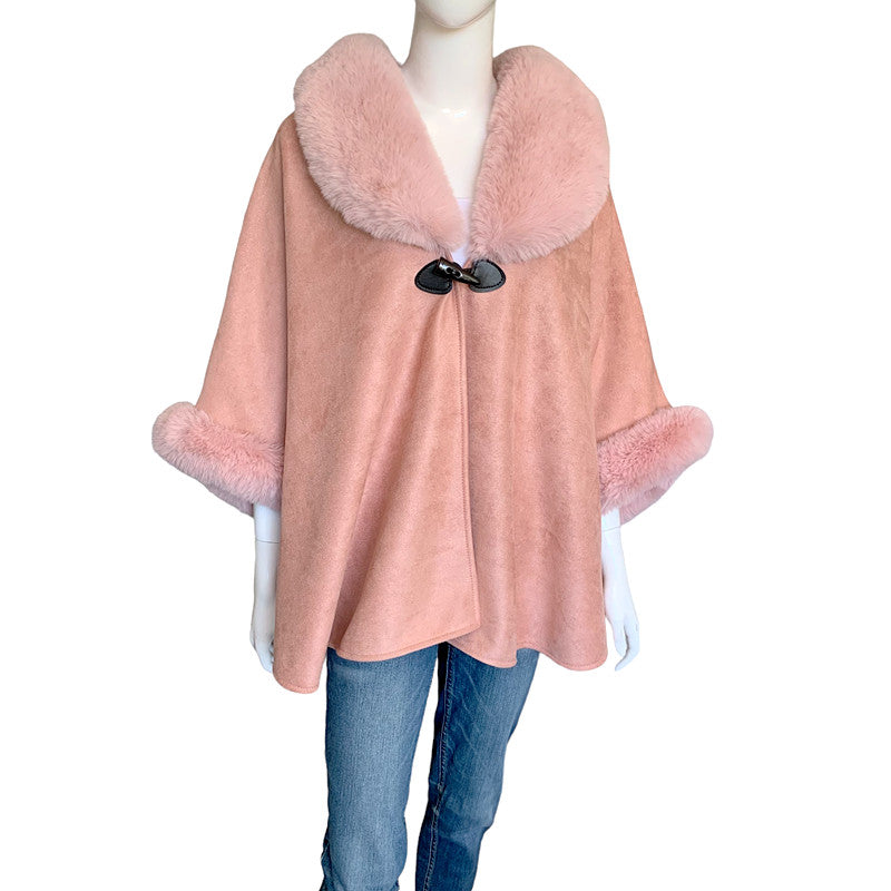 Suede Look Poncho with Faux Fur Collar and Cuffs