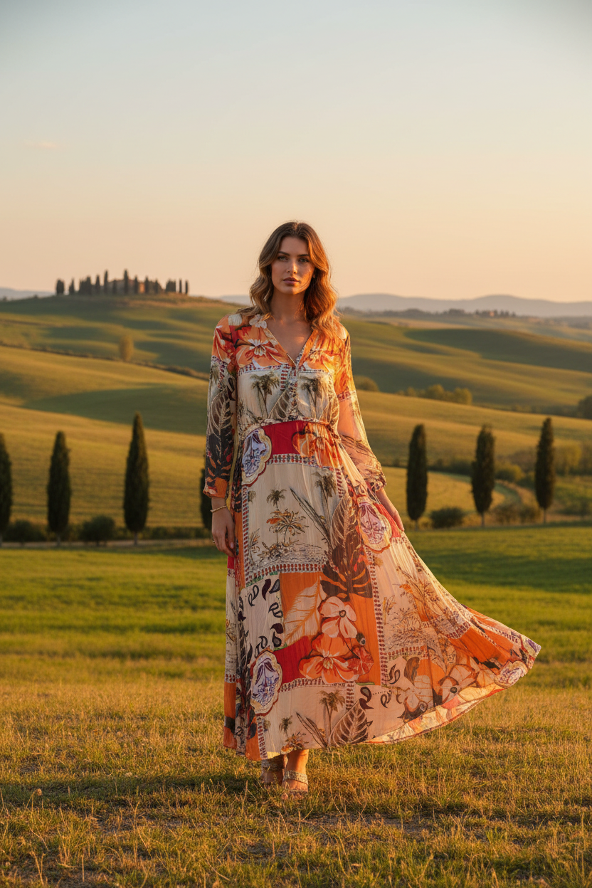 A model wearing the Sri Palm 3 Button Dress, showcasing its elegant design against a scenic countryside backdrop.