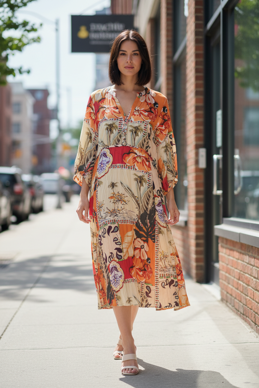Sri Palm 3 button Dress worn by a model outdoors, showcasing vibrant floral patterns and relaxed elegance.