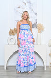 Model showcasing the Blushing Bouquet Skirt with a relaxed fit and colorful floral design.