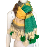 Stripe Fluffy Scarf with colorful pom pom tassels in yellow and green, perfect for cozy styling.