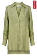 Sojourn Shirt Aloe in aloe green with long sleeves, button cuffs, and a high-low hem, perfect for versatile styling.