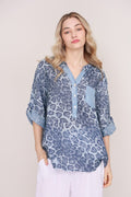 WL Charvi Linen top in blue leopard print with sequin pocket and roll-up sleeves, perfect for casual chic style.
