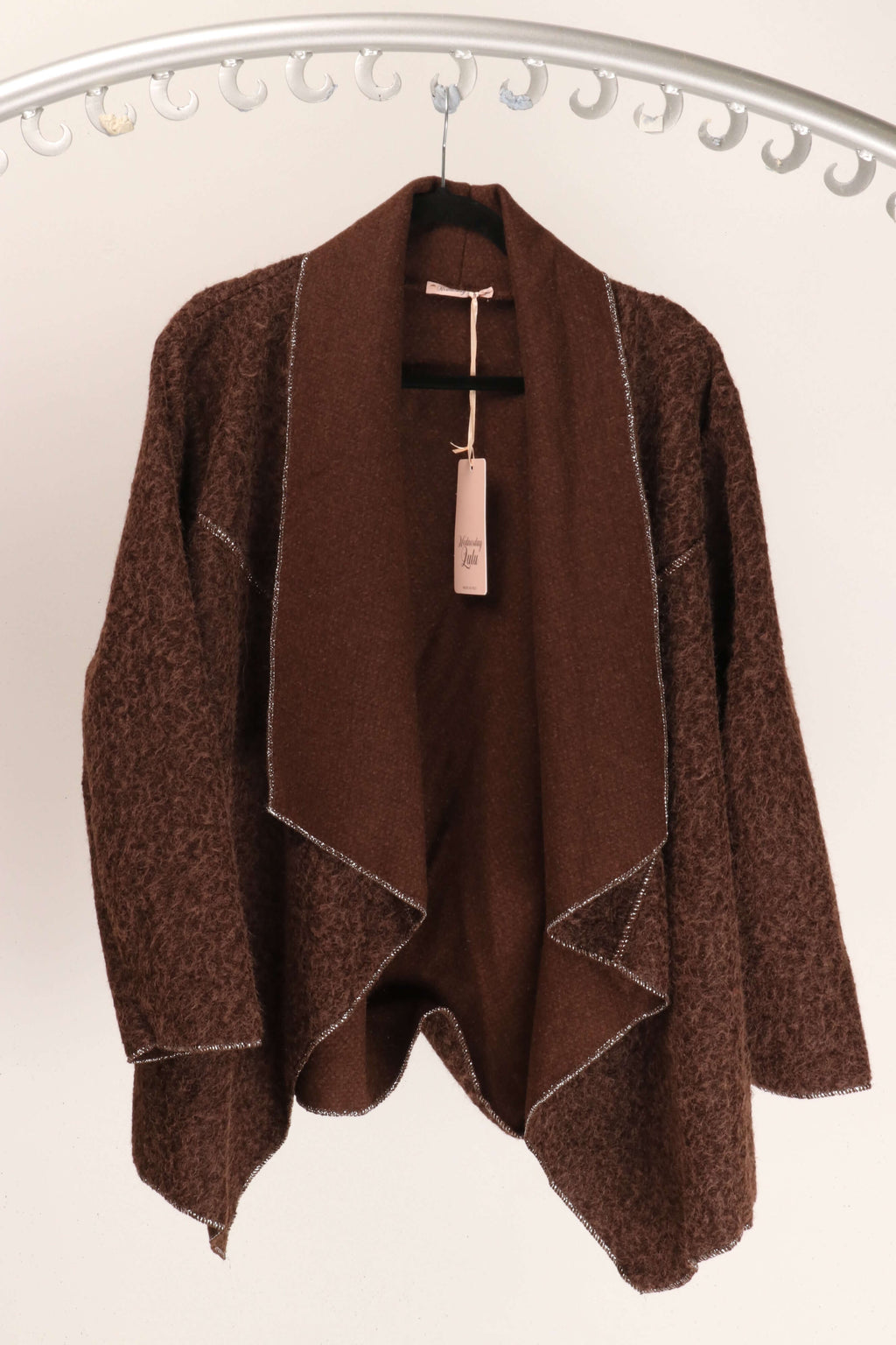WL Zita Coat in rich brown color, featuring an elegant open-front design for versatile layering.