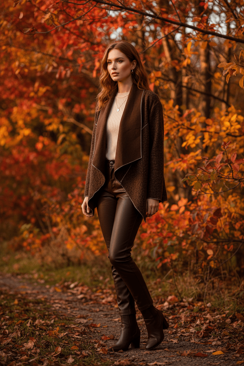 Model wearing the WL Zita Coat among vibrant autumn foliage, showcasing its elegant open-front design and sophisticated style.