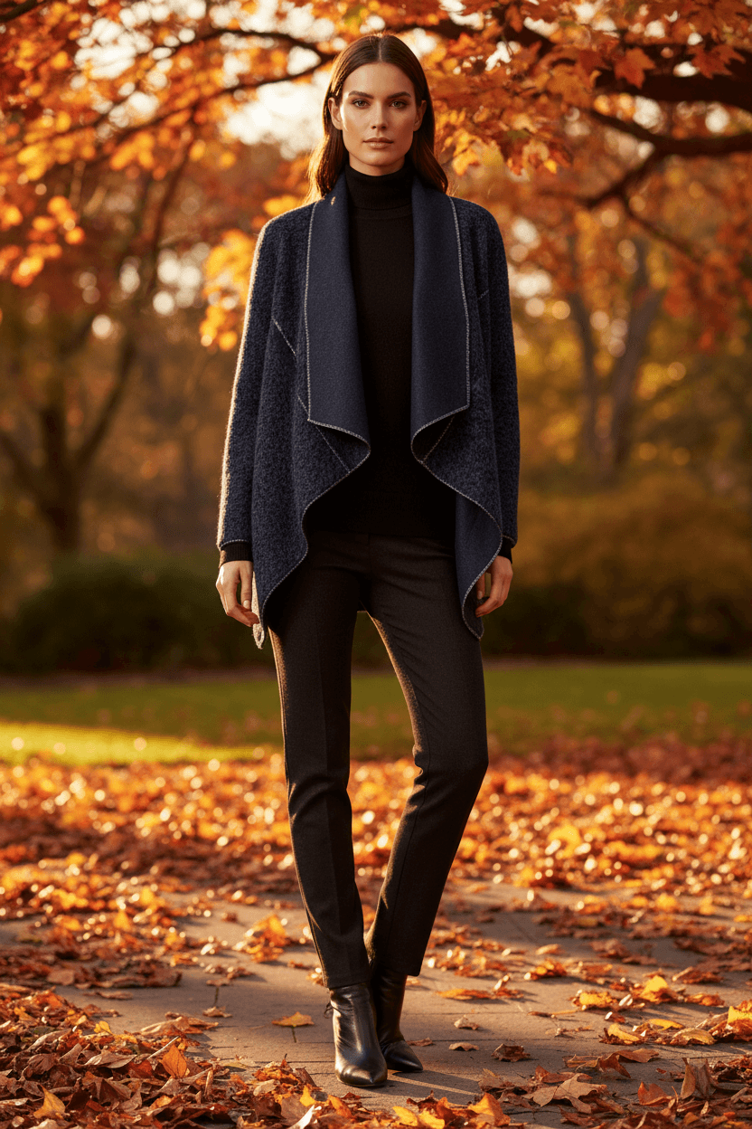 Model wearing WL Zita Coat in a fall setting, showcasing its elegant open-front design and stylish layering.