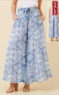 Milos Pants featuring a wide-leg design with a blue geometric pattern, perfect for stylish summer wear on sale.