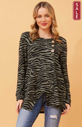 CKM LS Animal button top in green zebra print with button detail, stylish long sleeve top for casual wear.