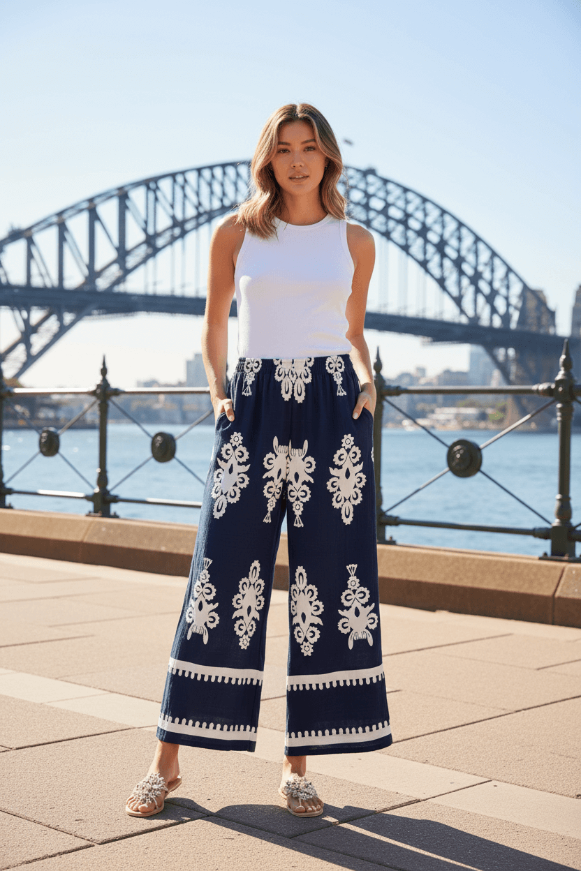Model wearing CKM Border print pant with a shirred elastic waistband at Sydney Harbour.