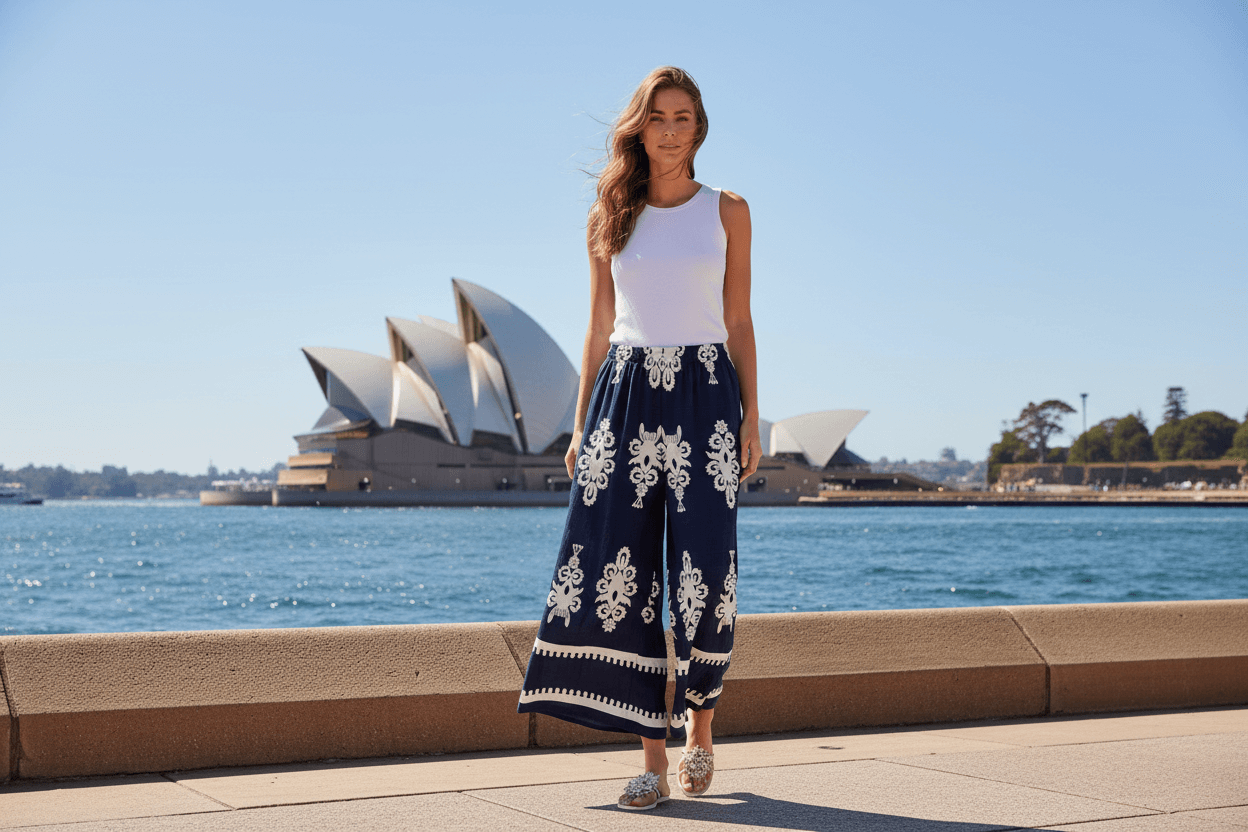 Model wearing CKM Border print pant by the water with Sydney Opera House in the background.