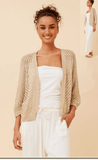BM Crochet Cardigan worn by a model, showcasing an open-front design and elegant gold mesh style.