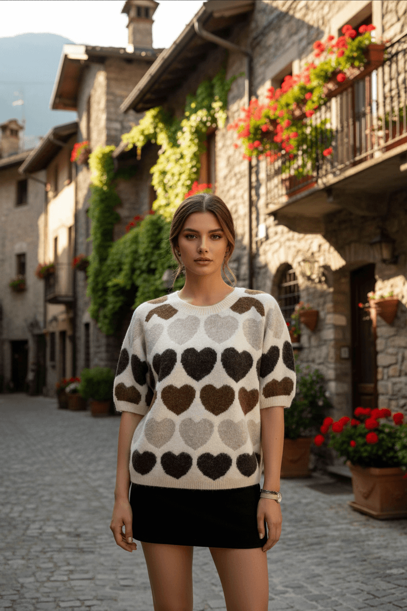 Maja Multi Short sleeve Jumper displayed in a charming village setting, showcasing its heart pattern and relaxed style.