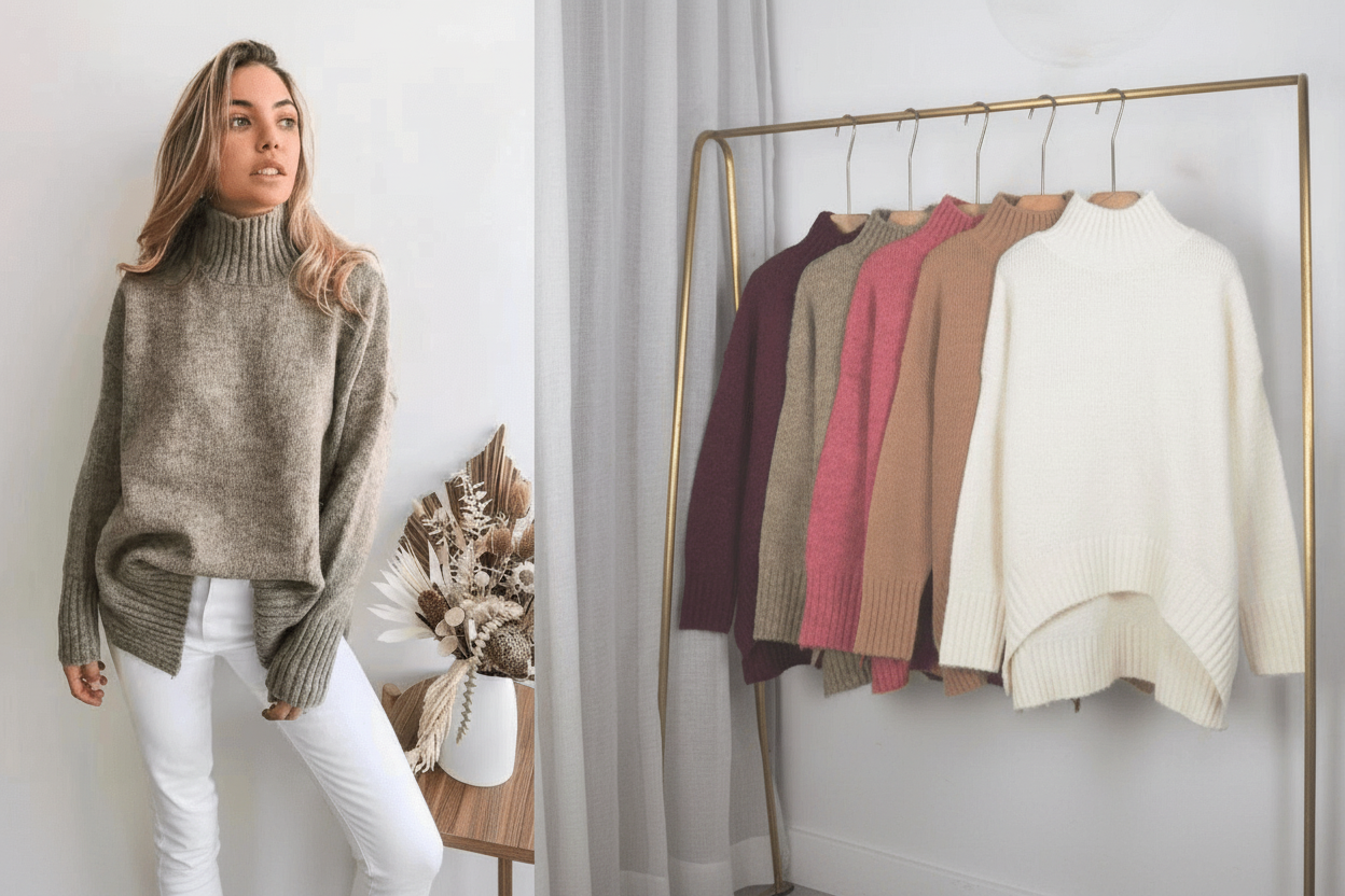 Fredrika High neck jumper displayed on a model with color options hanging alongside for cozy layering and style.