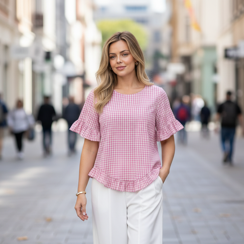Gingham Frill Top Pink