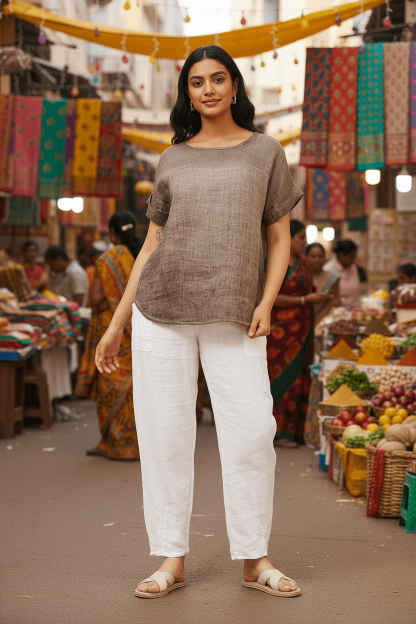 Angelica Short sleeve chocolate top showcased in a vibrant market, paired with white pants for a stylish look.