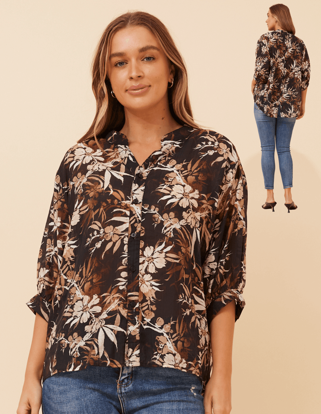 Ckm Button Back top Chocolate Caroline Morgan