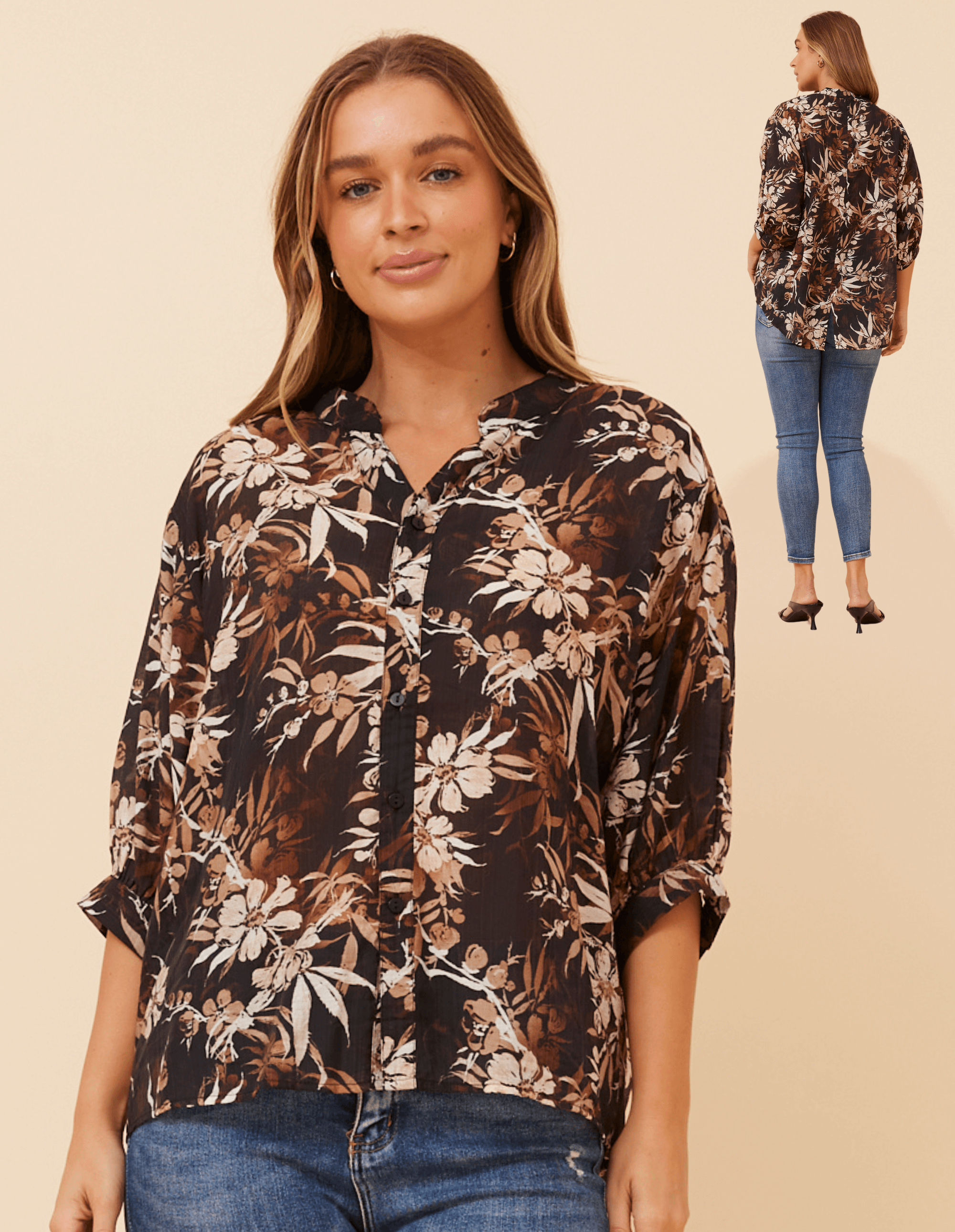 Ckm Button Back top Chocolate Caroline Morgan