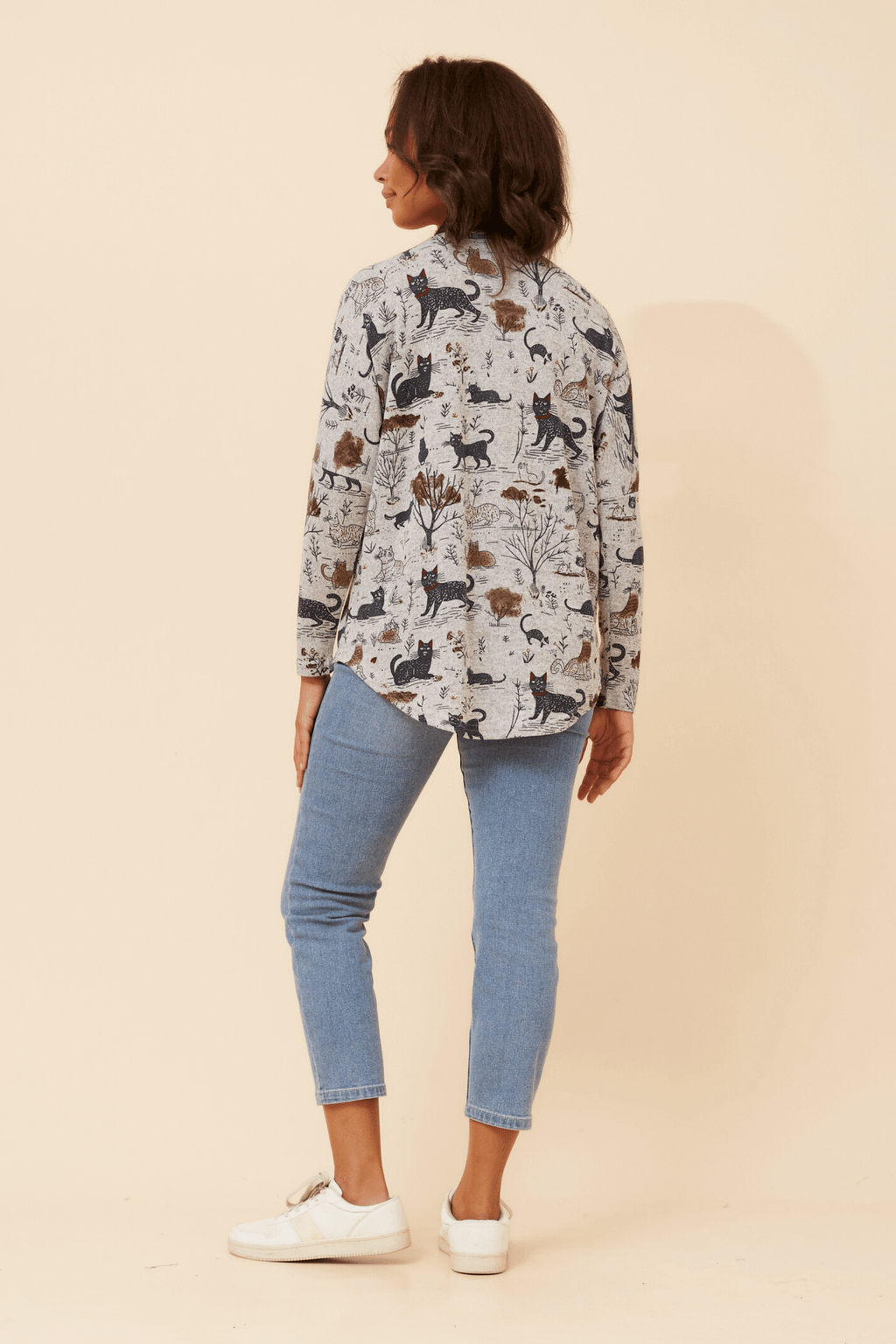 Leonor Cat Zip Top featuring playful cat print and relaxed fit, perfect for cat lovers and casual wear.
