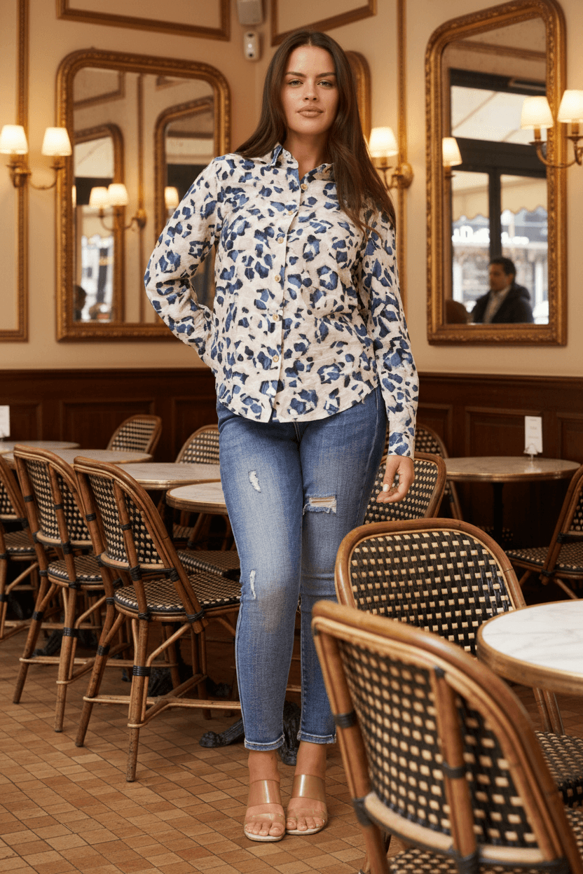 Model wearing Zola Leopard Shirt with blue jeans in a stylish cafe setting.