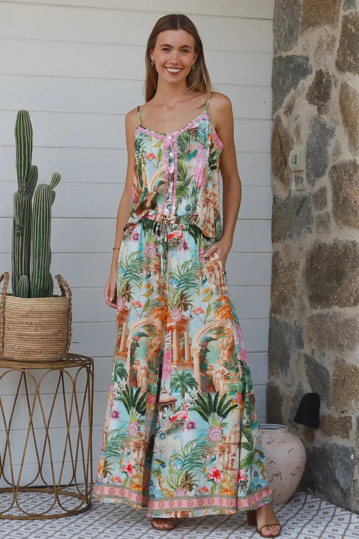 Frances Pant featuring a vibrant Salty Palm print, tie and elastic waist for a relaxed, comfortable fit.