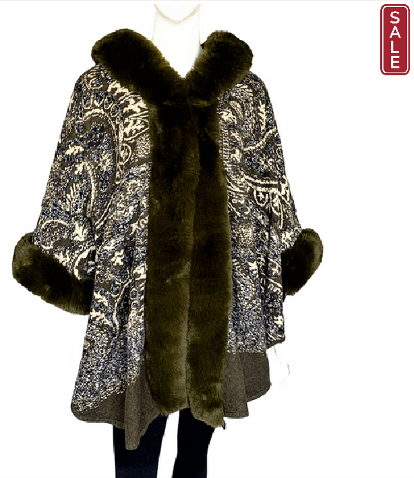 Lux Fur Paisley poncho with hood