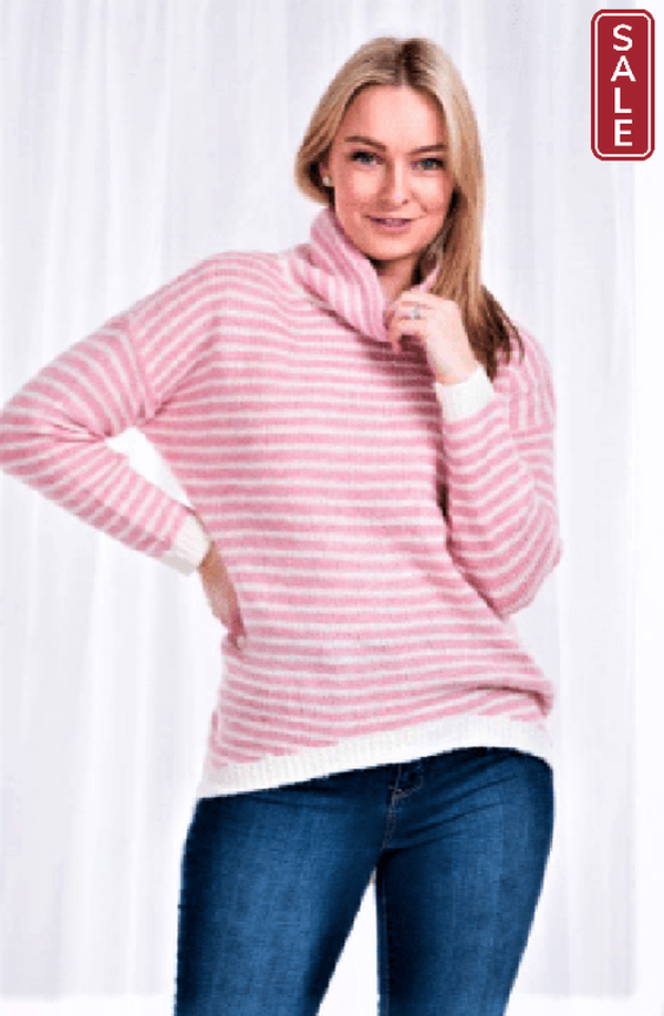 caroline morgan knitwear Pink/white / 8/10 Ckm Striped cowl neck