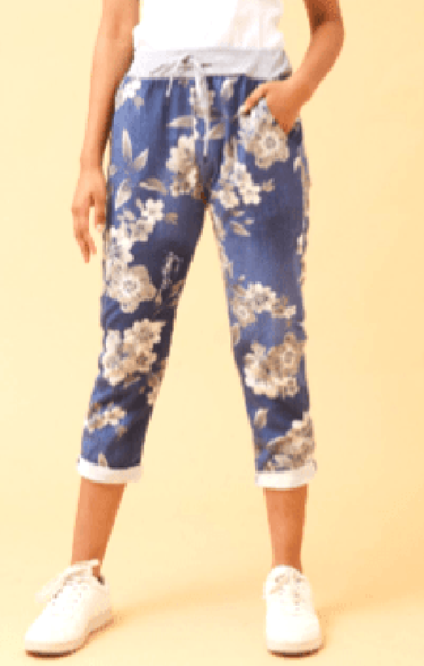 Caroline Morgan pants 8 Jogger Crop Pants-denim floral