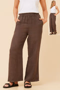 CKM Bitter Choc Pants featuring elegant design, elastic waistband, and breathable linen fabric for chic summer style.