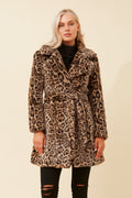 Animal Print coat featuring a stylish faux fur design with a lapel collar and waist tie.