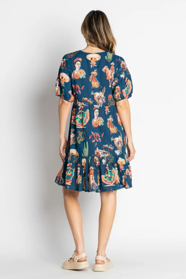 Arriba Dress Navy featuring vintage Mexican western designs on a relaxed silhouette.