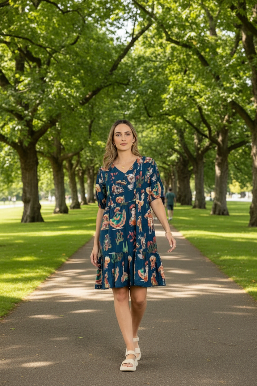 Model wearing Arriba Dress Navy walking in a tree-lined park, showcasing its vintage Mexican western vibes.