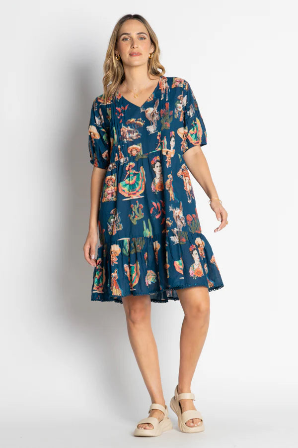 Arriba Dress Navy featuring vintage Mexican western vibes, V-neckline, and gathered tiered skirt.