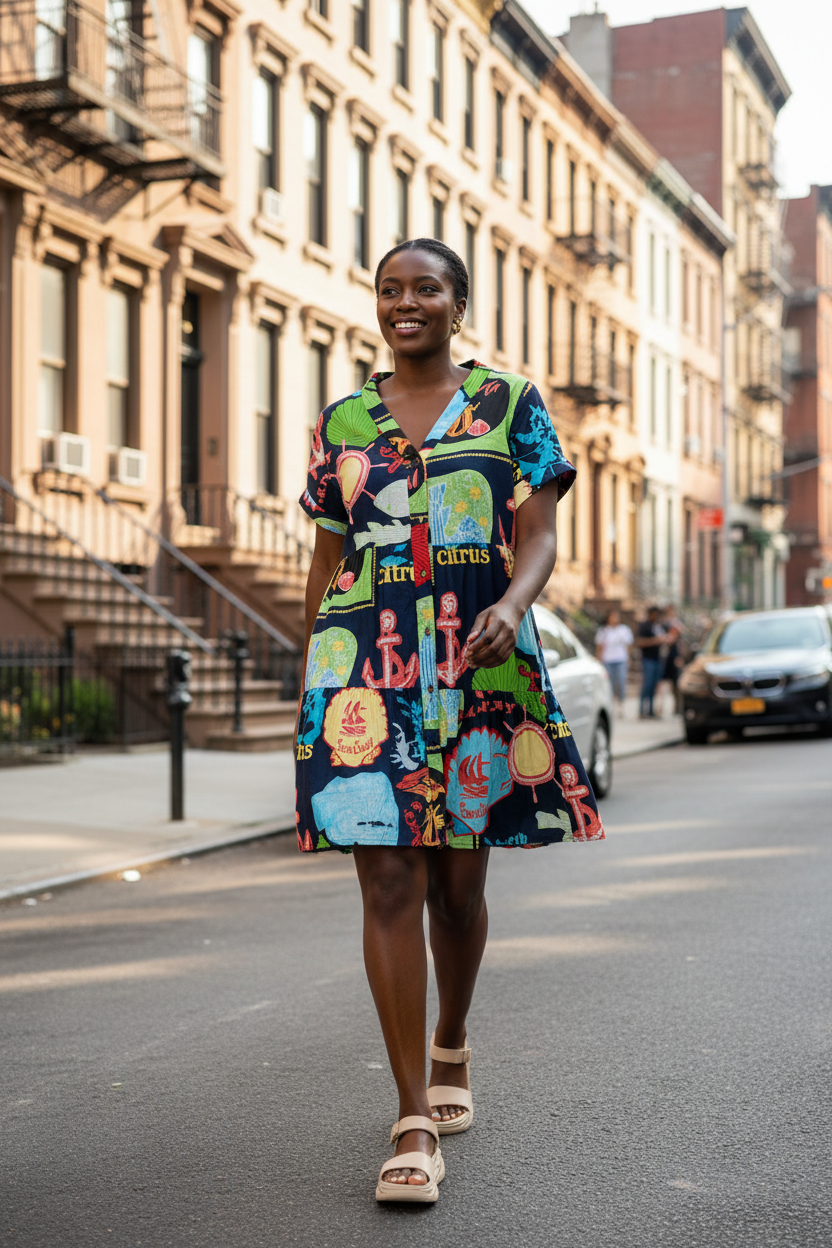 Model wearing Melrose Dress Navy, a vibrant cotton dress with V-neckline and pockets, walking on a city street.