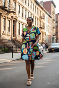 Model wearing Melrose Dress Navy, a vibrant cotton dress with V-neckline and pockets, walking on a city street.