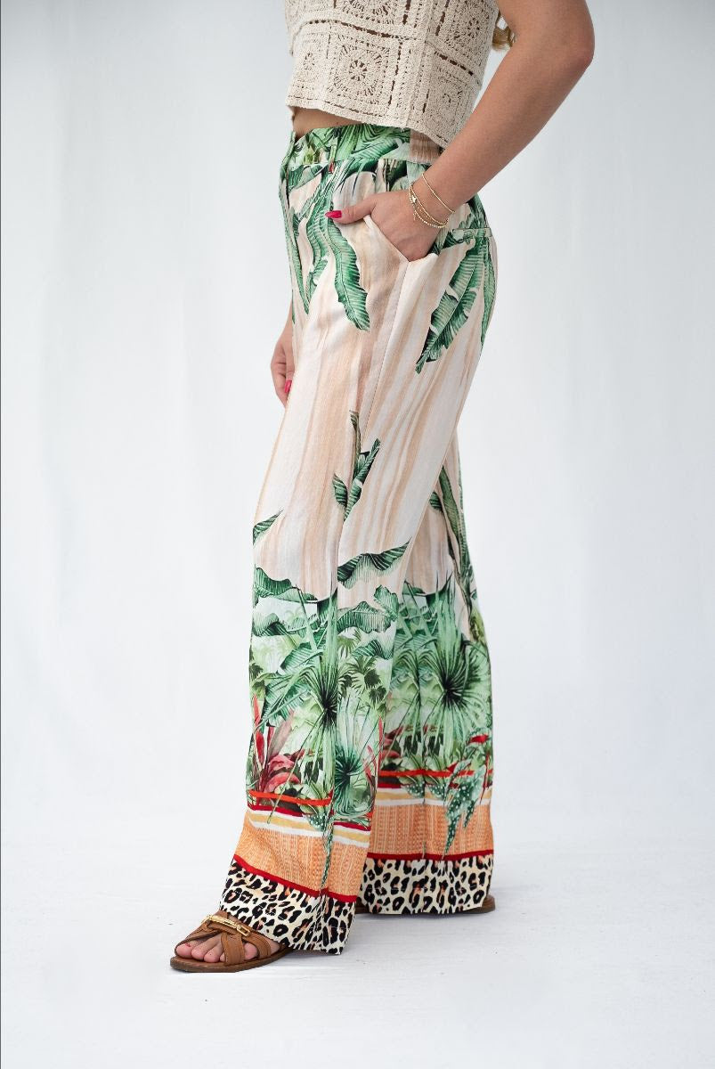 SIS Palm Tree Pant featuring a breathable design, half-elastic waist, and striking leopard print border.