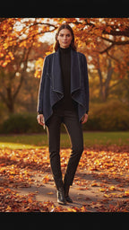 Model wearing WL Zita Coat with open-front design in autumn setting, surrounded by colorful fall leaves.