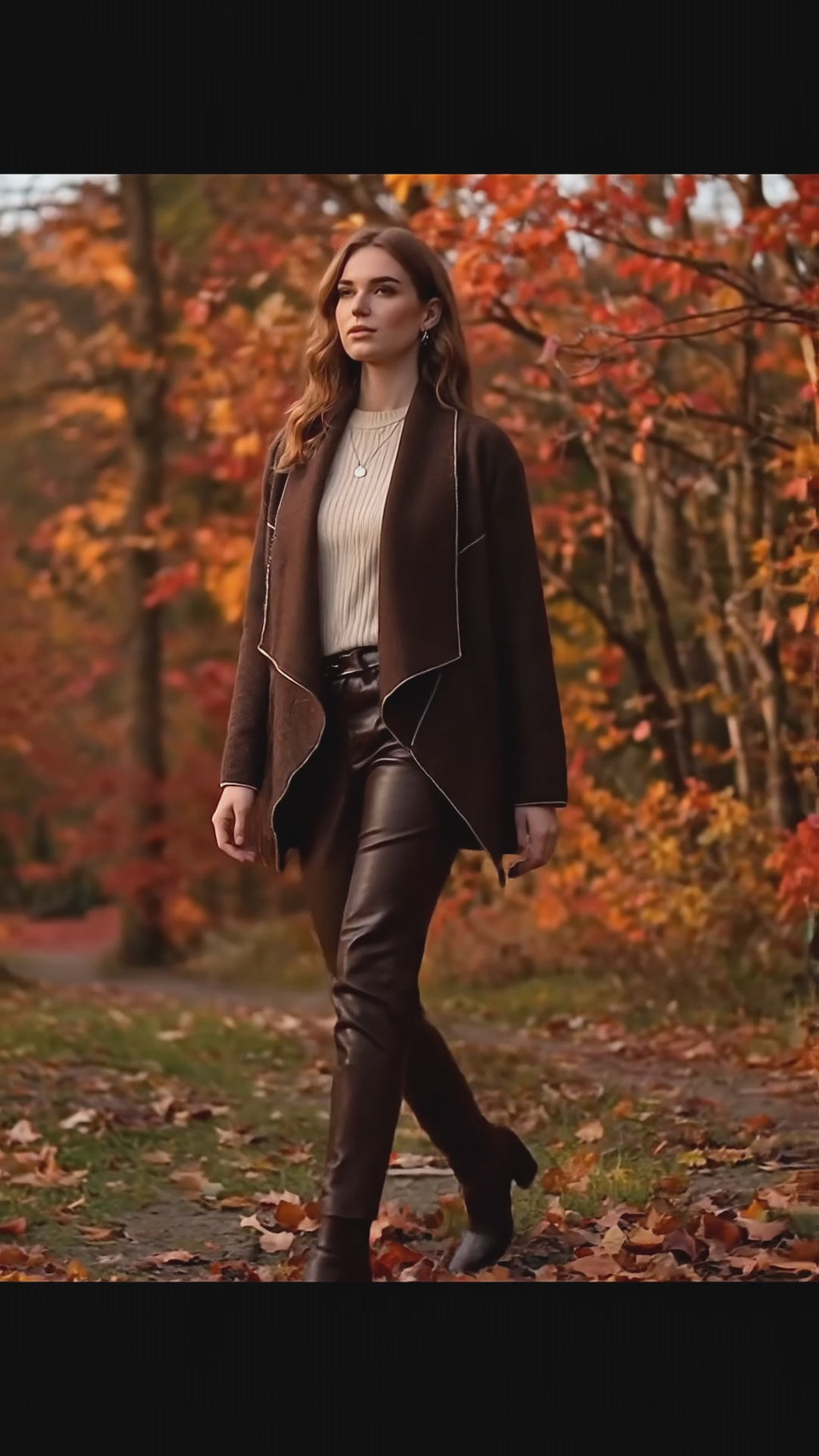 Model wearing WL Zita Coat, walking through autumn scenery with vibrant fall leaves.