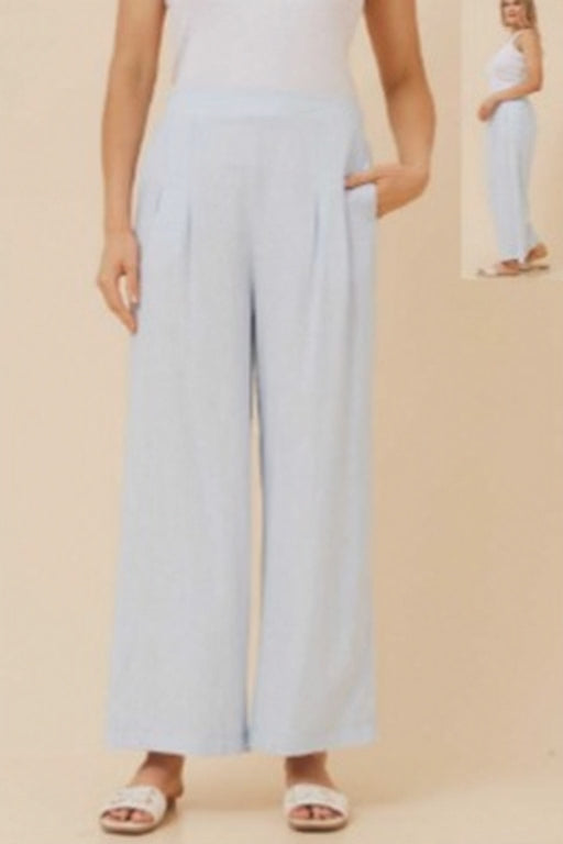 Linen Blend Wide Pants in light blue with elegant pleating, featuring a relaxed wide leg silhouette.