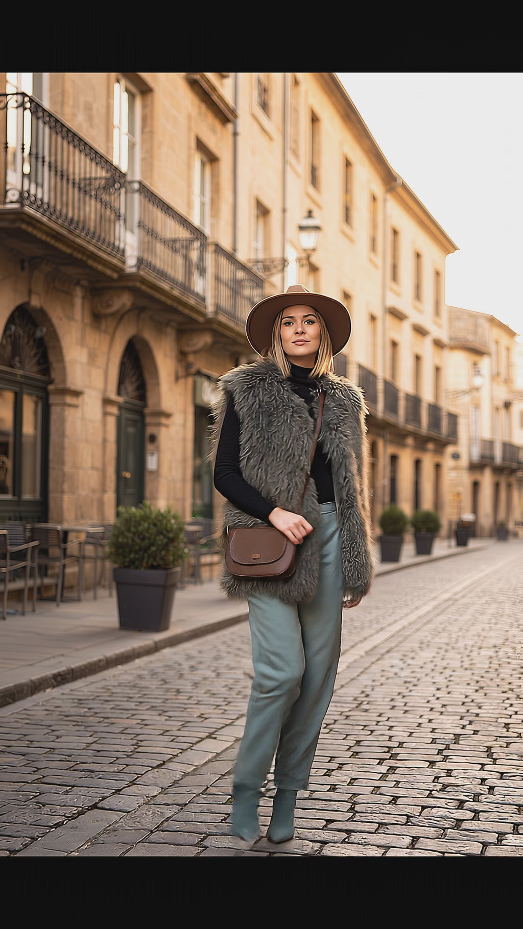 Woman wearing a stylish Mongolian Vest with faux fur, paired with elegant trousers and a hat in a charming street.