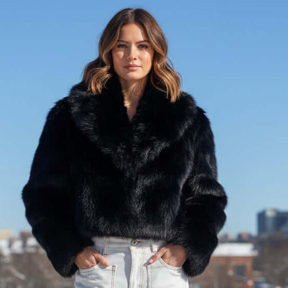 Chloe Faux Fur Jacket worn by a model outdoors in winter, featuring a big collar and elegant cropped design.