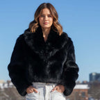 Chloe Faux Fur Jacket worn by a model outdoors in winter, featuring a big collar and elegant cropped design.