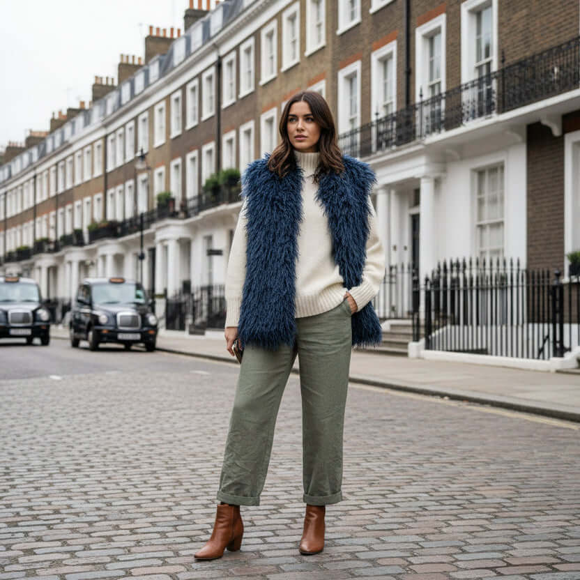 Model wearing Mongolian Vest with faux fur on city street, styled with a cozy sweater and chic pants.