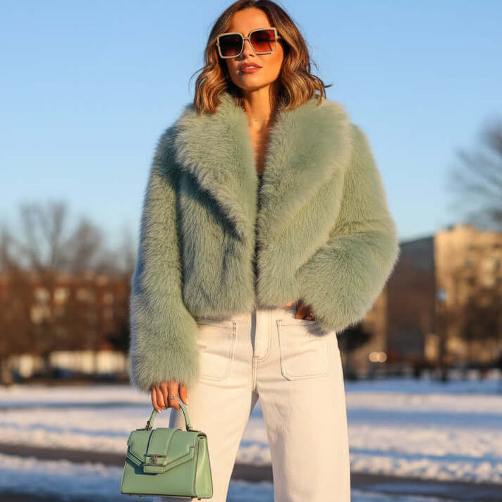 Chloe Faux Fur Jacket styled with sunglasses and green handbag in a snowy landscape.