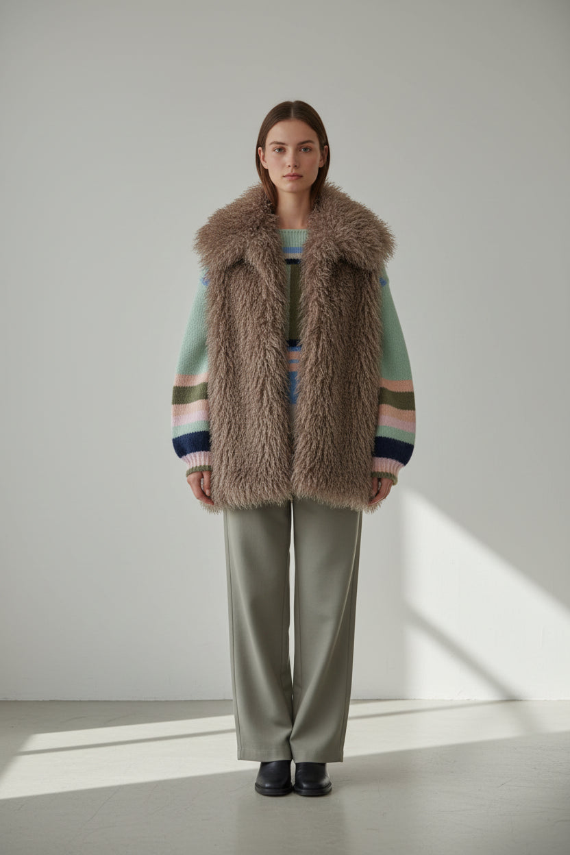 Mongolian Vest with faux Afghan fur, satin lining, stylish and cozy for chilly days, size S/M and L/XL options.