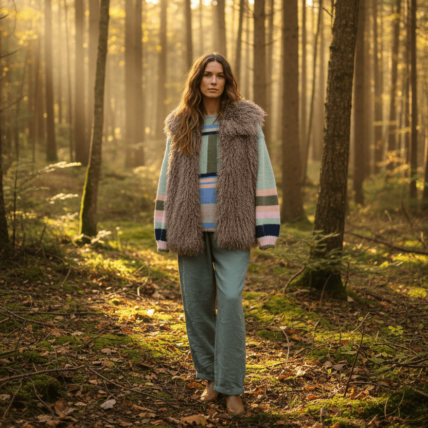 Model wearing a stylish Mongolian Vest in a sunlit forest setting with green pants.