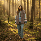 Model wearing a stylish Mongolian Vest in a sunlit forest setting with green pants.