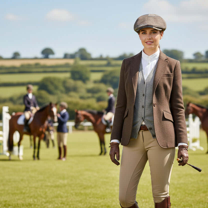 Woman wearing Charlie Check Cap and elegant equestrian attire outdoors with horses.