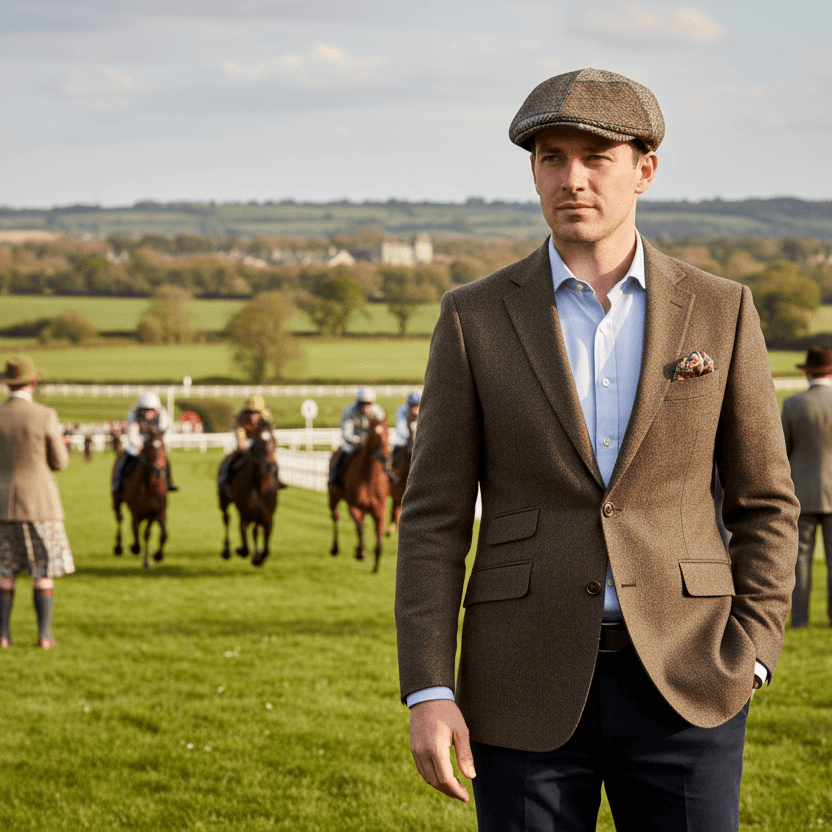 Man wearing a Charlie Check Cap and a stylish jacket at a horse racing event in the countryside.